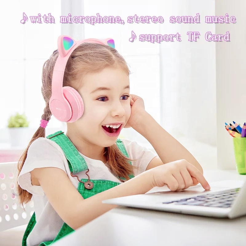 Wholesale Custom Cheapest Gamer Earphones Pink Cute Cat Ear headset Headphones for Girls